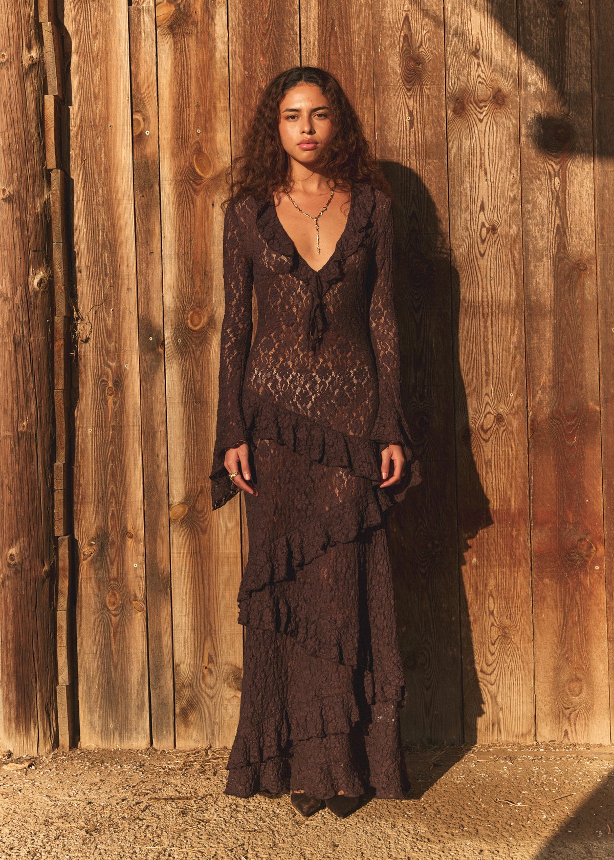 LACE LONG DRESS BROWN